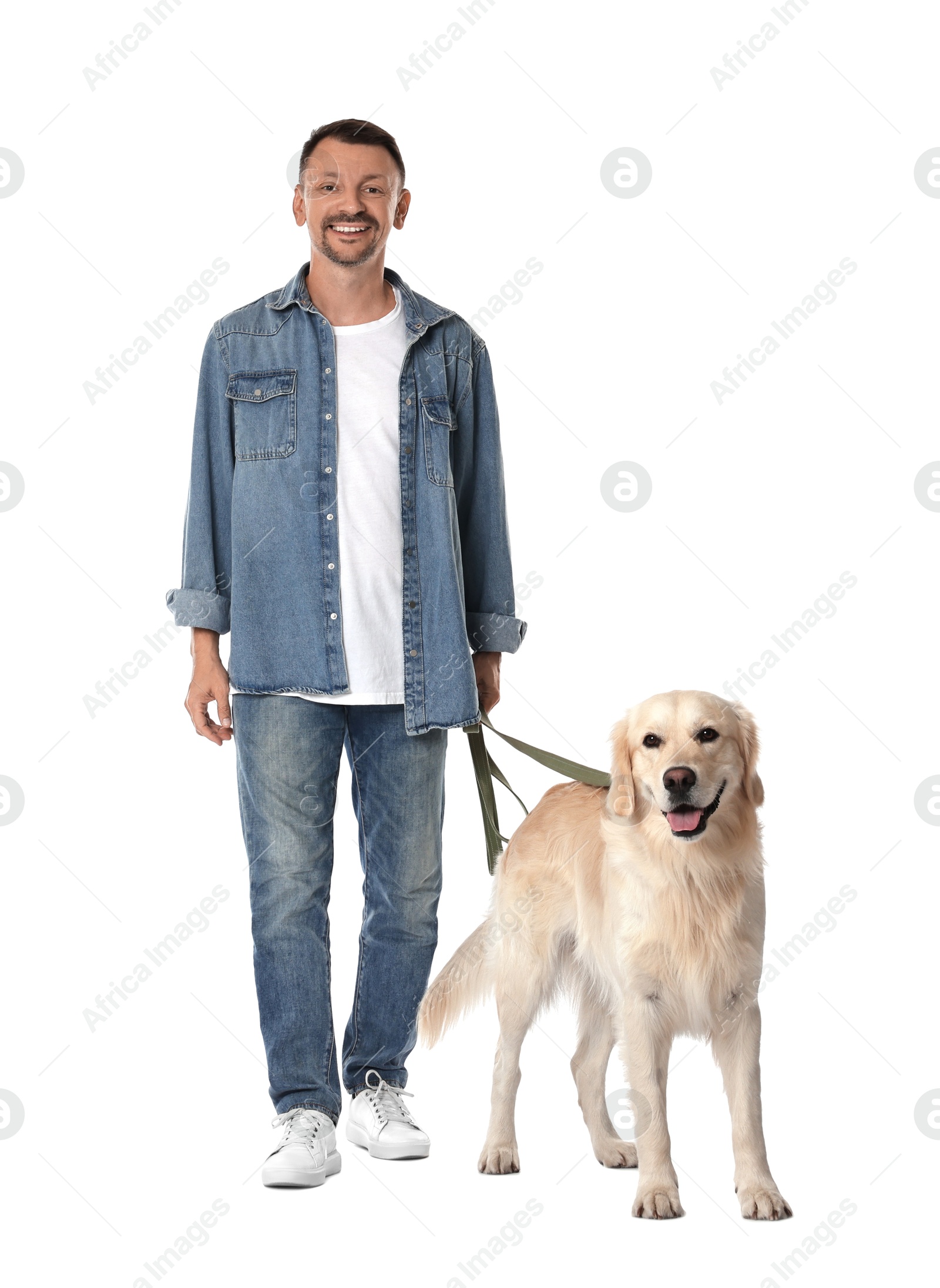 Photo of Walking with dog. Happy man with Golden Retriever on white background