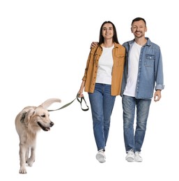 Photo of Walking with dog. Happy couple with Golden Retriever on white background