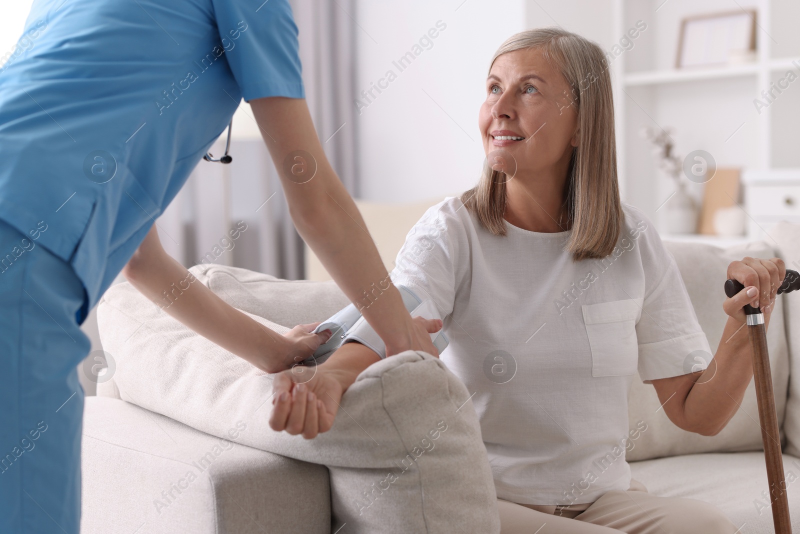 Photo of Healthcare worker measuring patient's blood pressure indoors, closeup