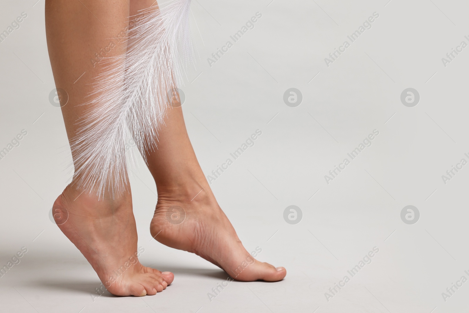 Photo of Woman with smooth legs and feather on grey background, closeup. Space for text