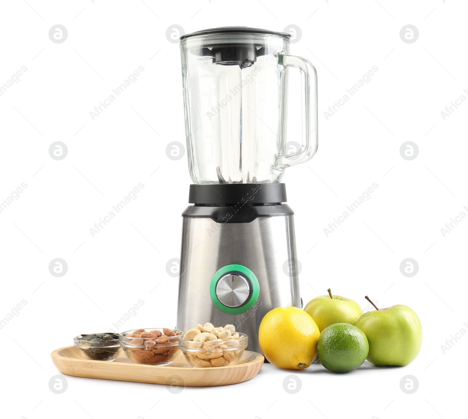 Photo of Modern blender and fresh products isolated on white