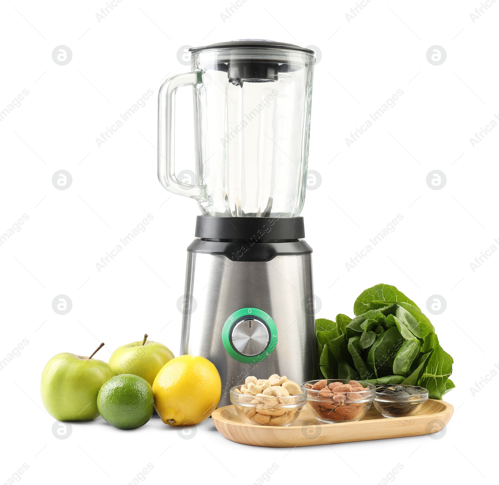 Photo of Modern blender and fresh products isolated on white