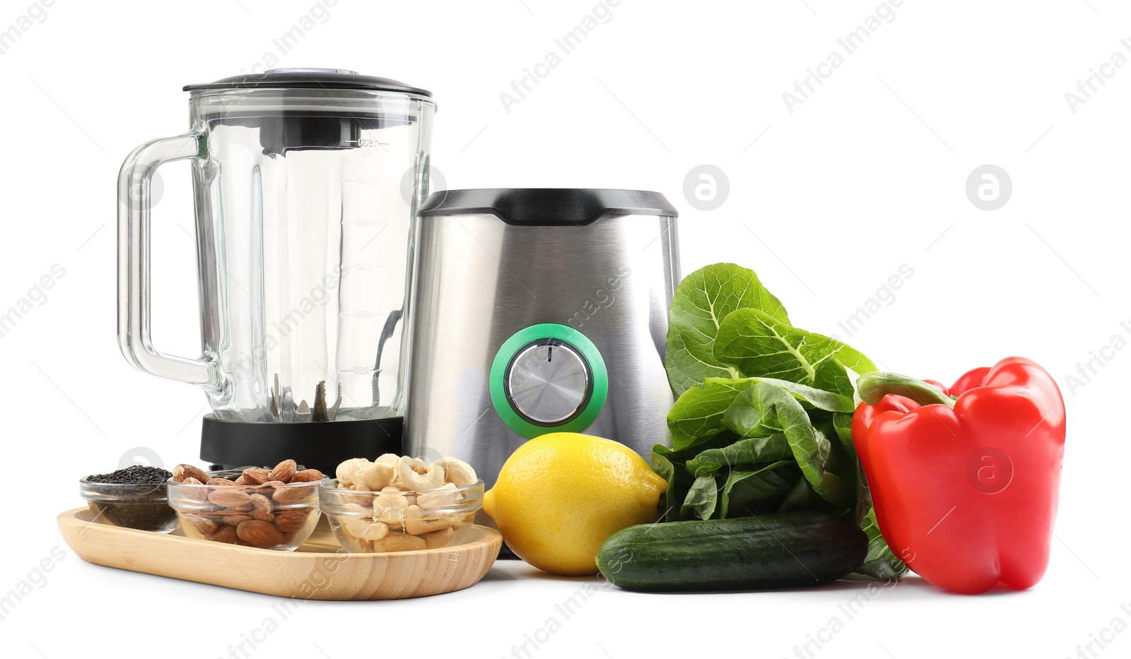 Photo of Modern blender and fresh products isolated on white