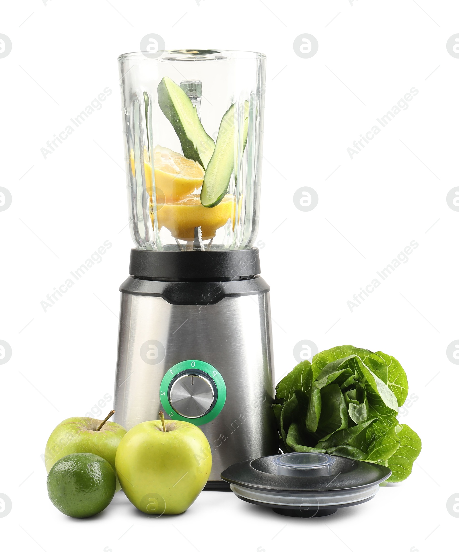 Photo of Modern blender and fresh products isolated on white