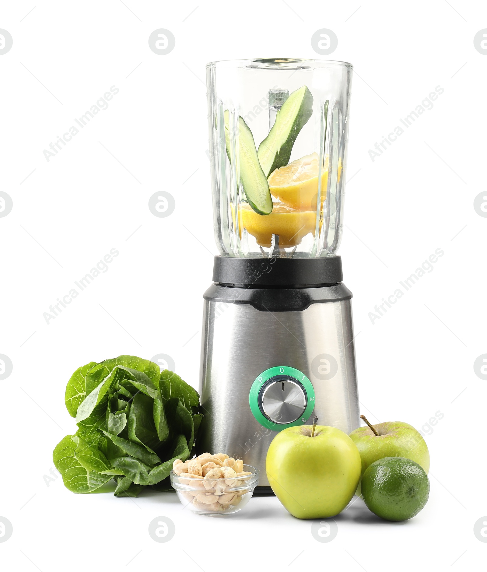 Photo of Modern blender and fresh products isolated on white