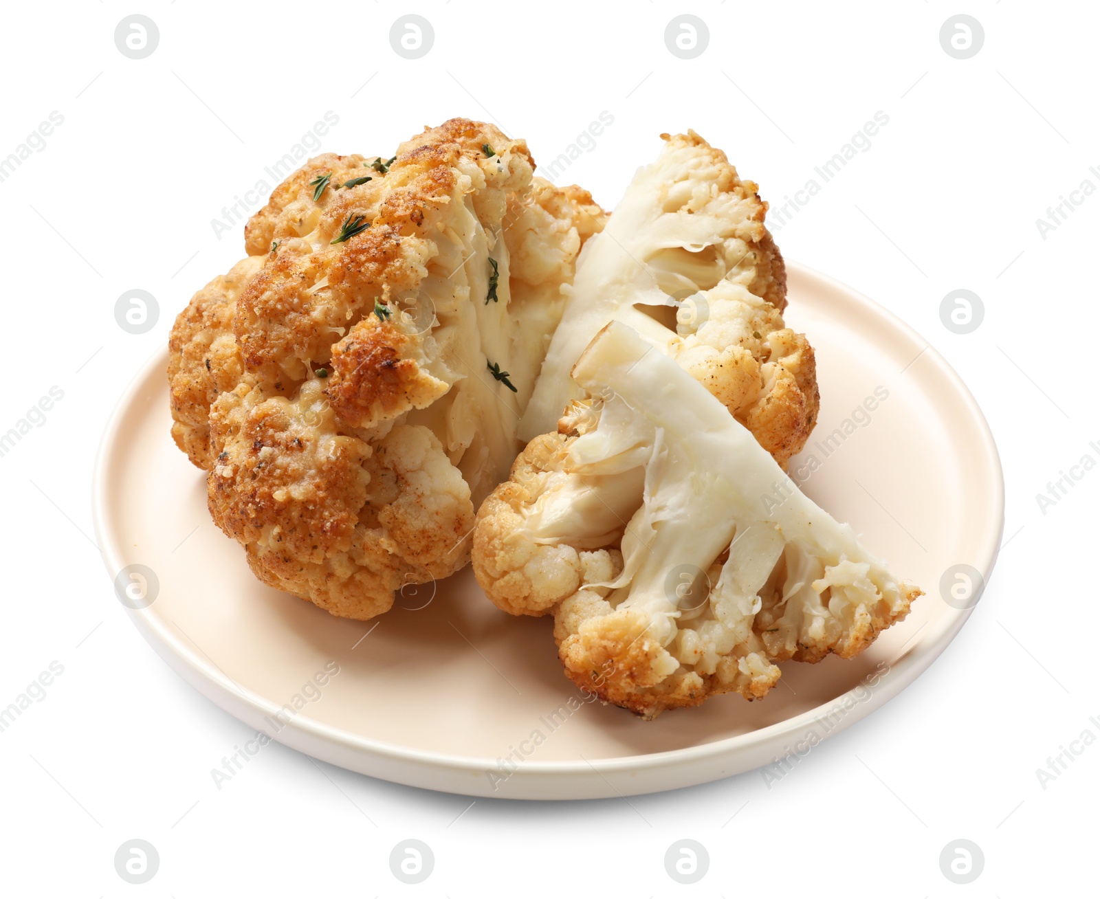 Photo of Pieces of delicious baked cauliflower isolated on white