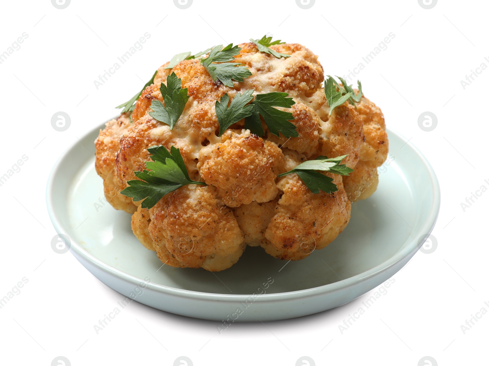 Photo of Delicious baked cauliflower with parsley isolated on white