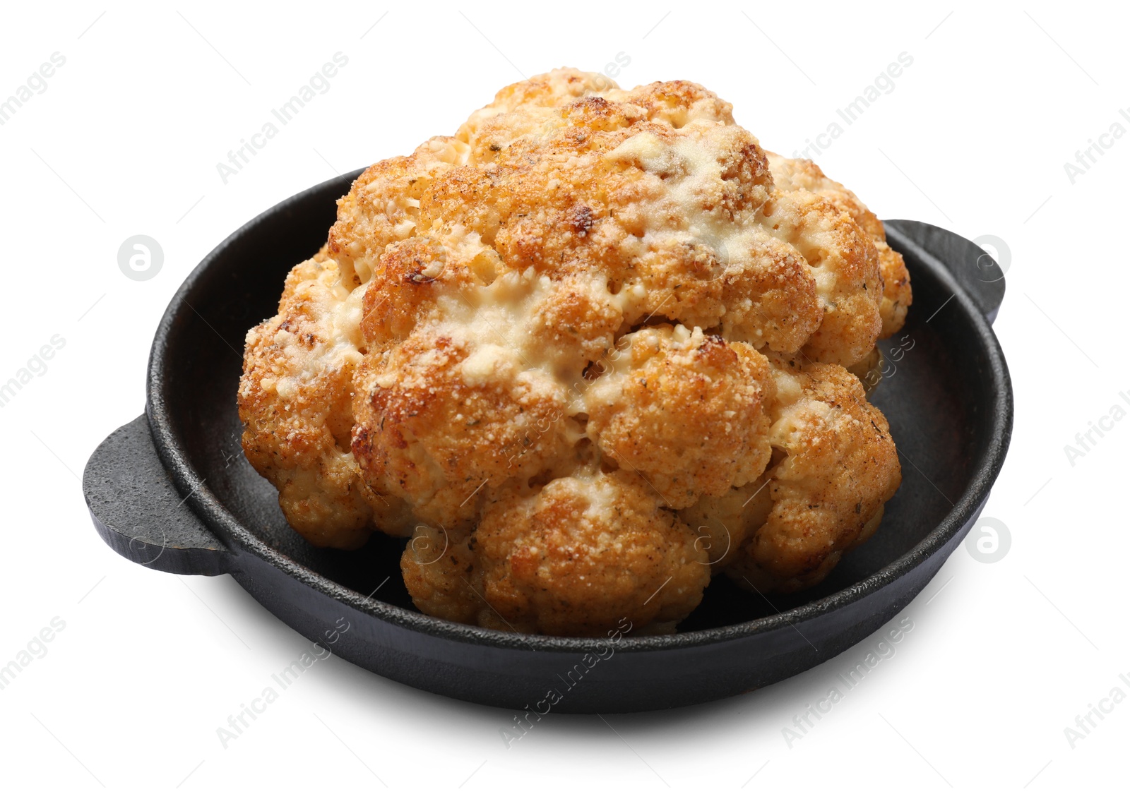 Photo of Delicious baked cauliflower in baking dish isolated on white