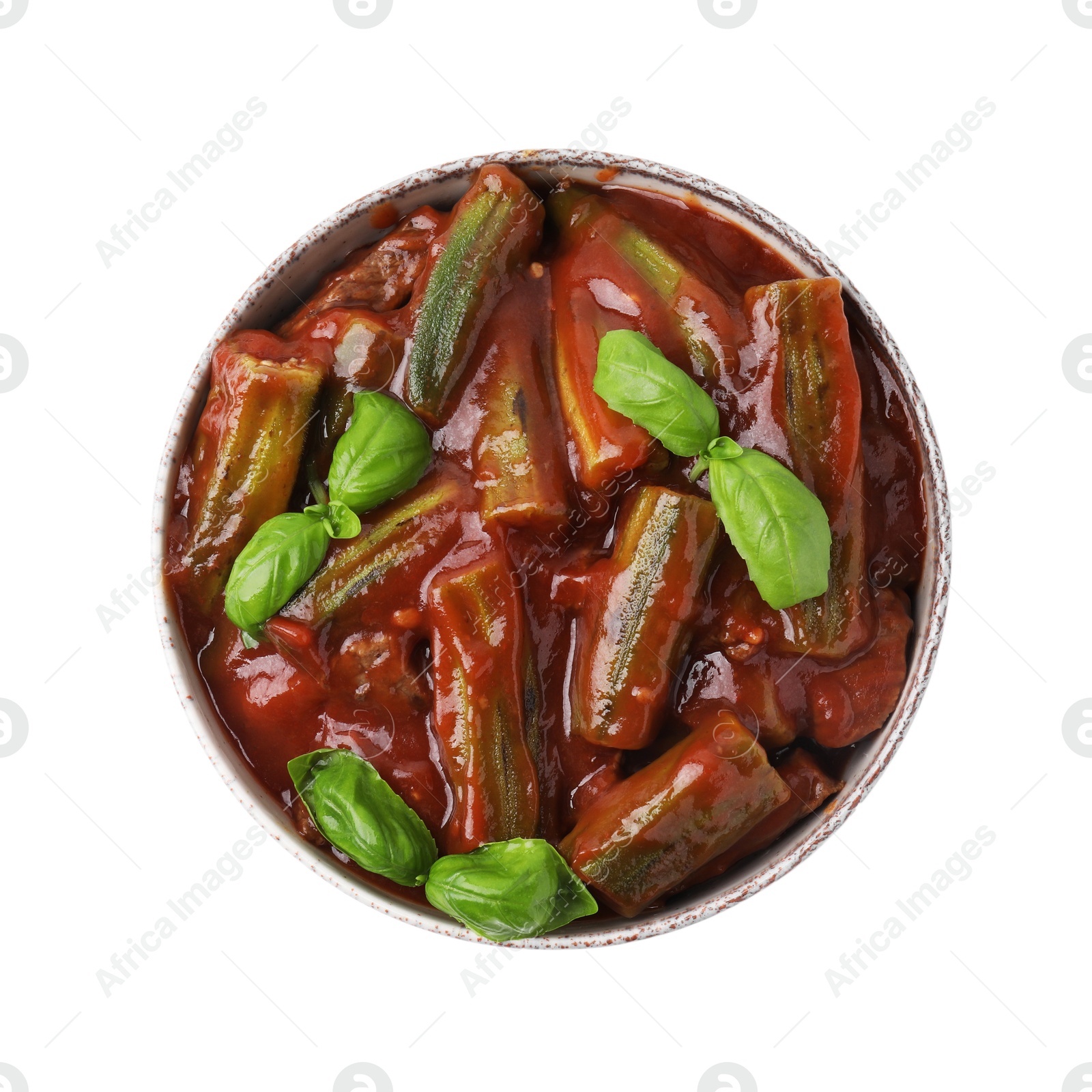 Photo of Tasty stew with okra, tomato sauce and basil isolated on white, top view