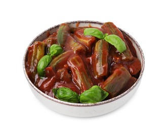 Photo of Tasty stew with okra, tomato sauce and basil isolated on white