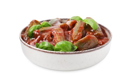 Photo of Tasty stew with okra, tomato sauce and basil isolated on white