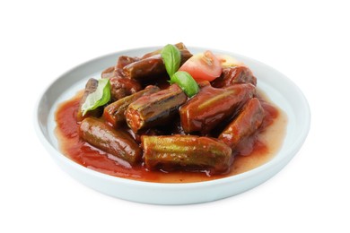 Photo of Tasty stew with okra, tomato sauce and basil isolated on white