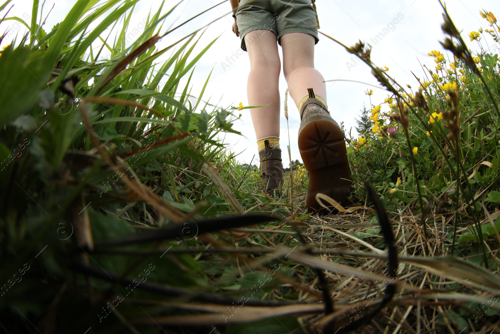 Photo of Young hiker in field, closeup. Fisheye lens effect