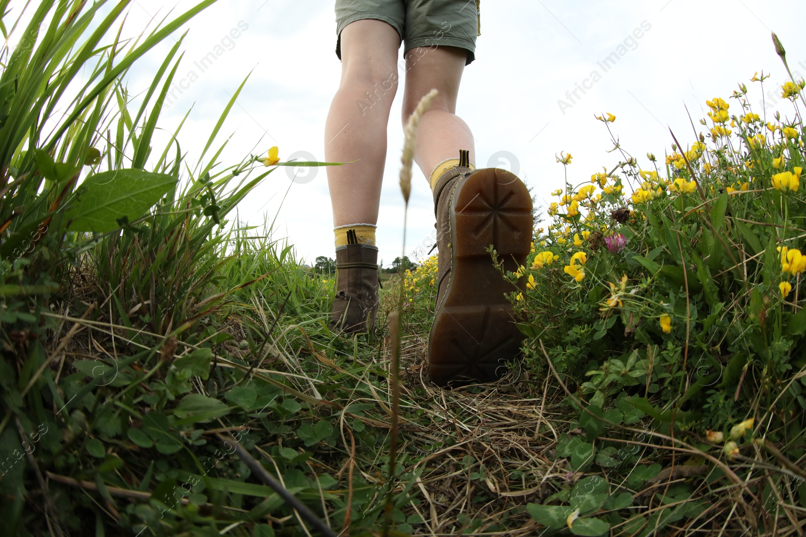 Photo of Young hiker in field, closeup. Fisheye lens effect