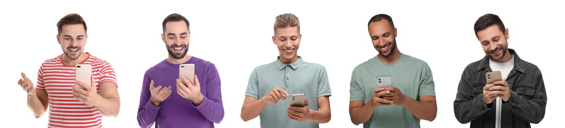 Image of Men using mobile phones on white background