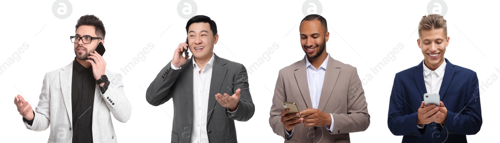 Image of Men using mobile phones on white background