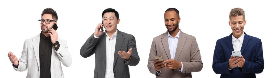 Men using mobile phones on white background