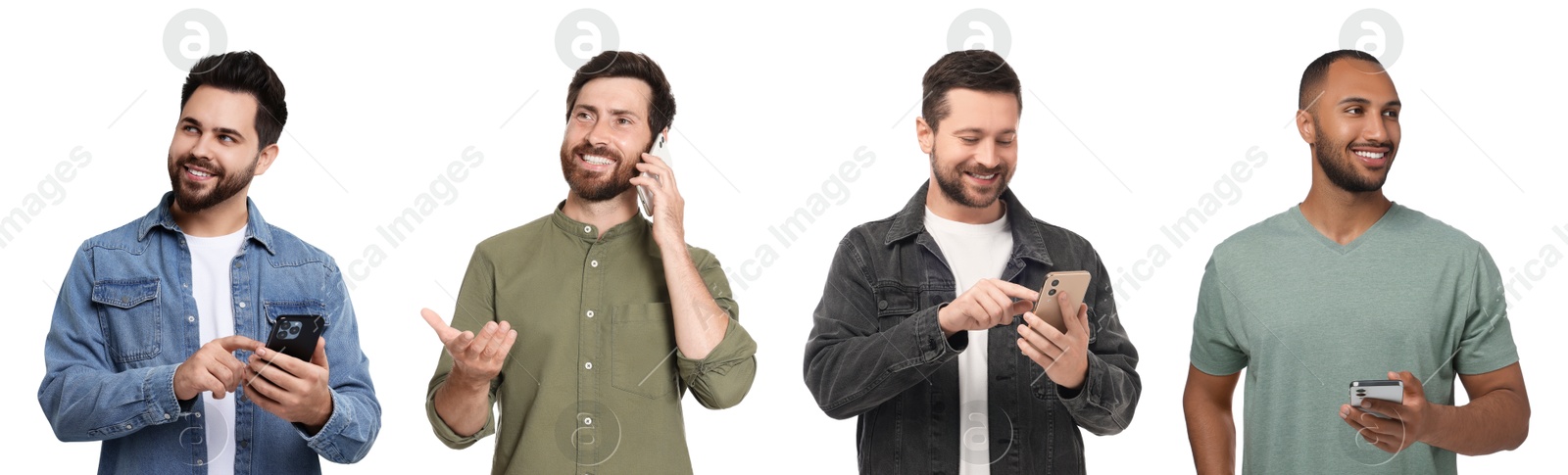 Image of Men using mobile phones on white background