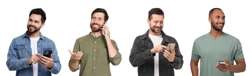 Image of Men using mobile phones on white background