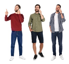 Image of Men using mobile phones on white background