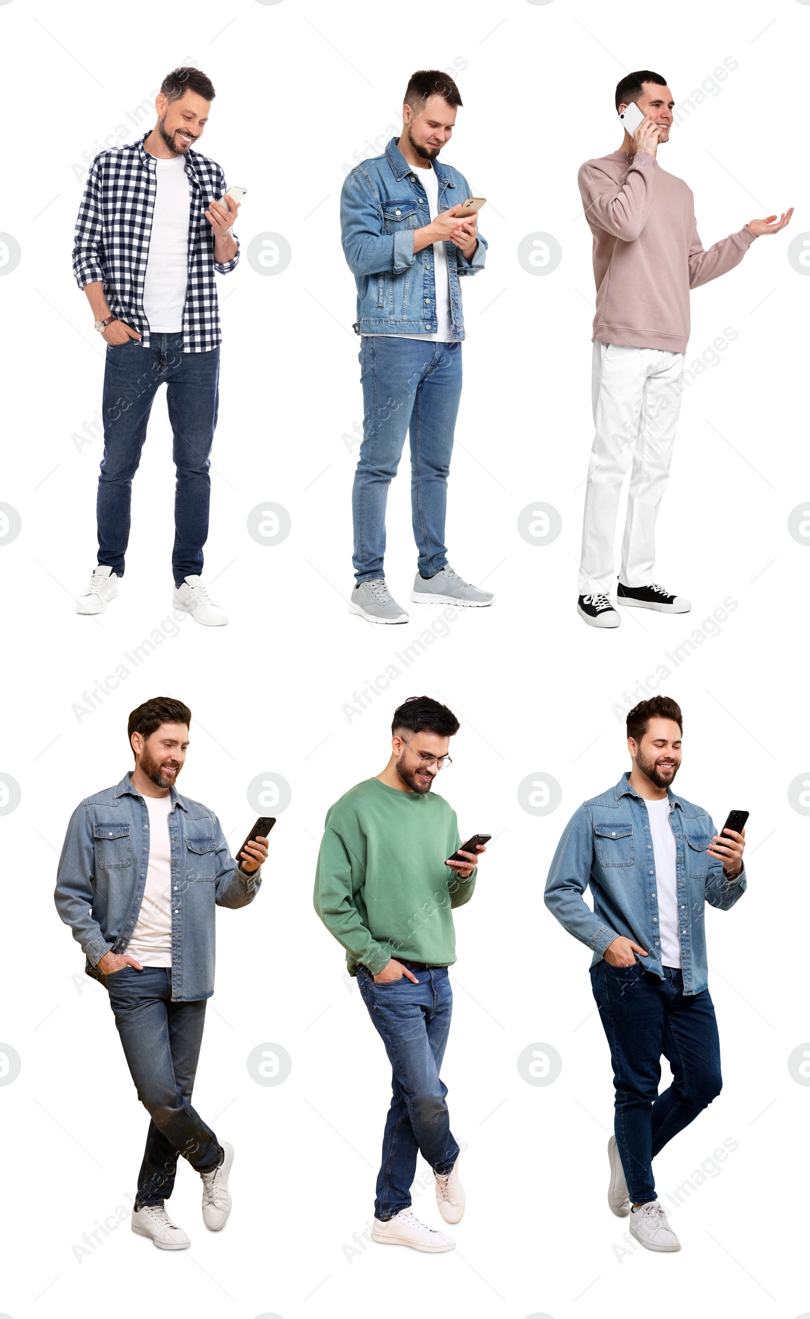 Image of Collage with photos of men using mobile phones on white background