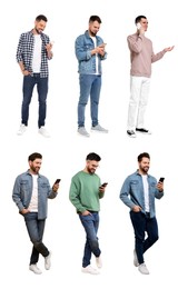 Collage with photos of men using mobile phones on white background