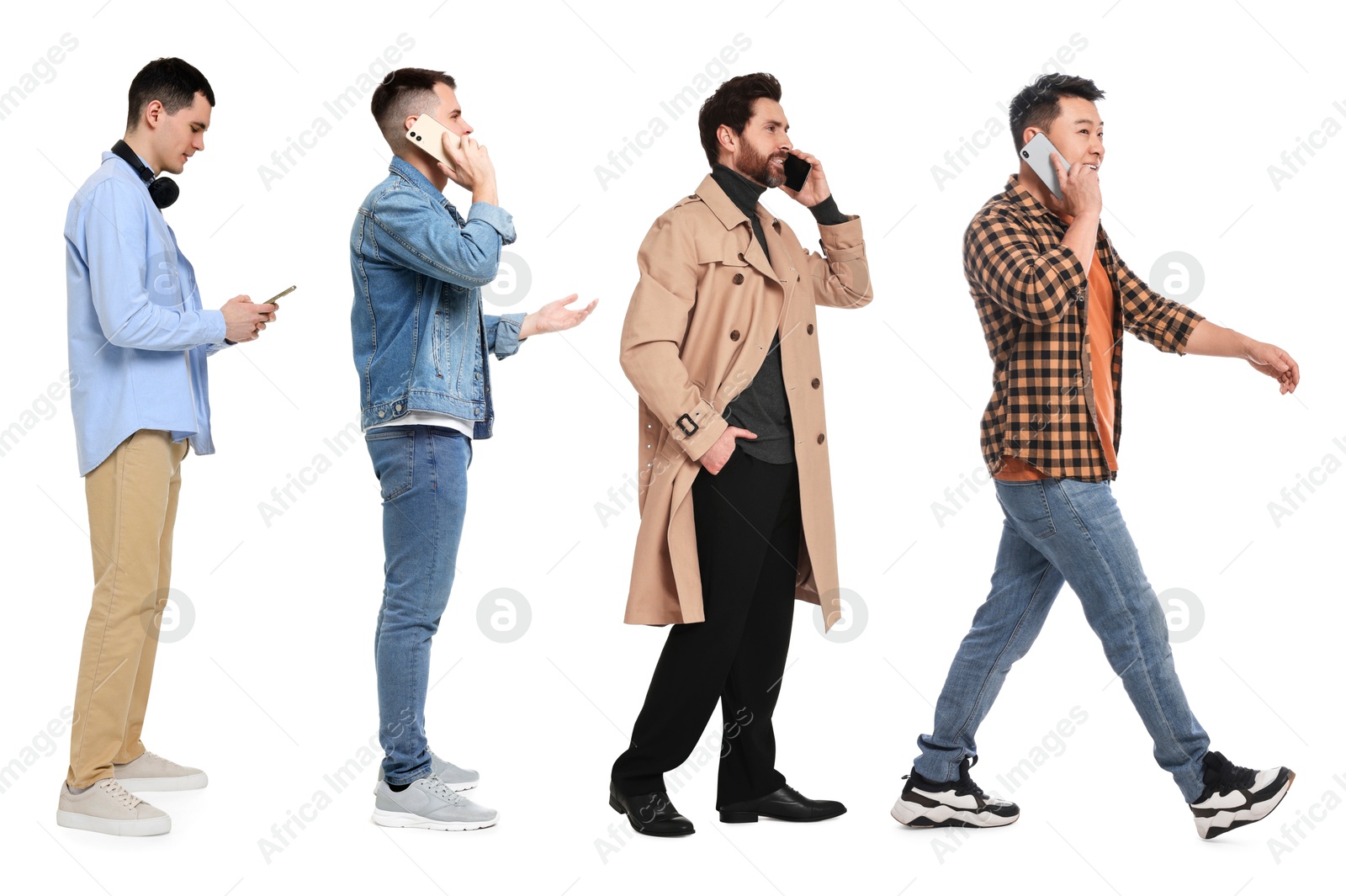 Image of Men using mobile phones on white background