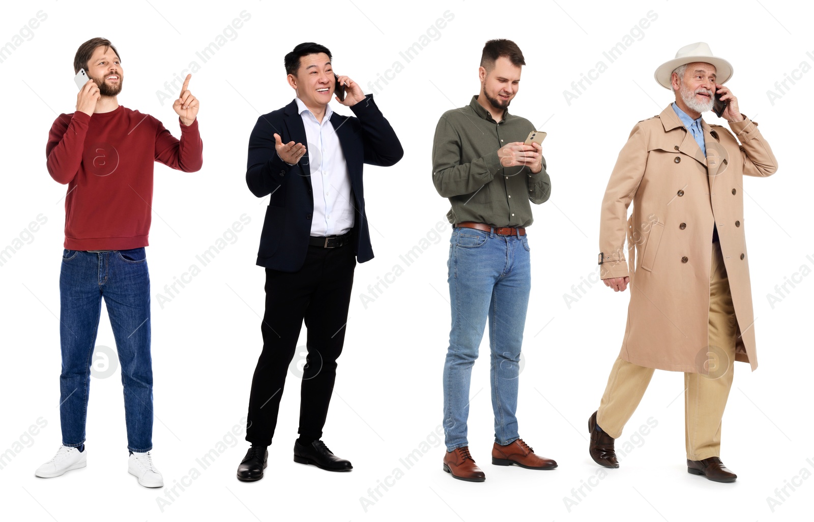 Image of Men using mobile phones on white background