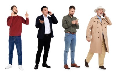 Men using mobile phones on white background