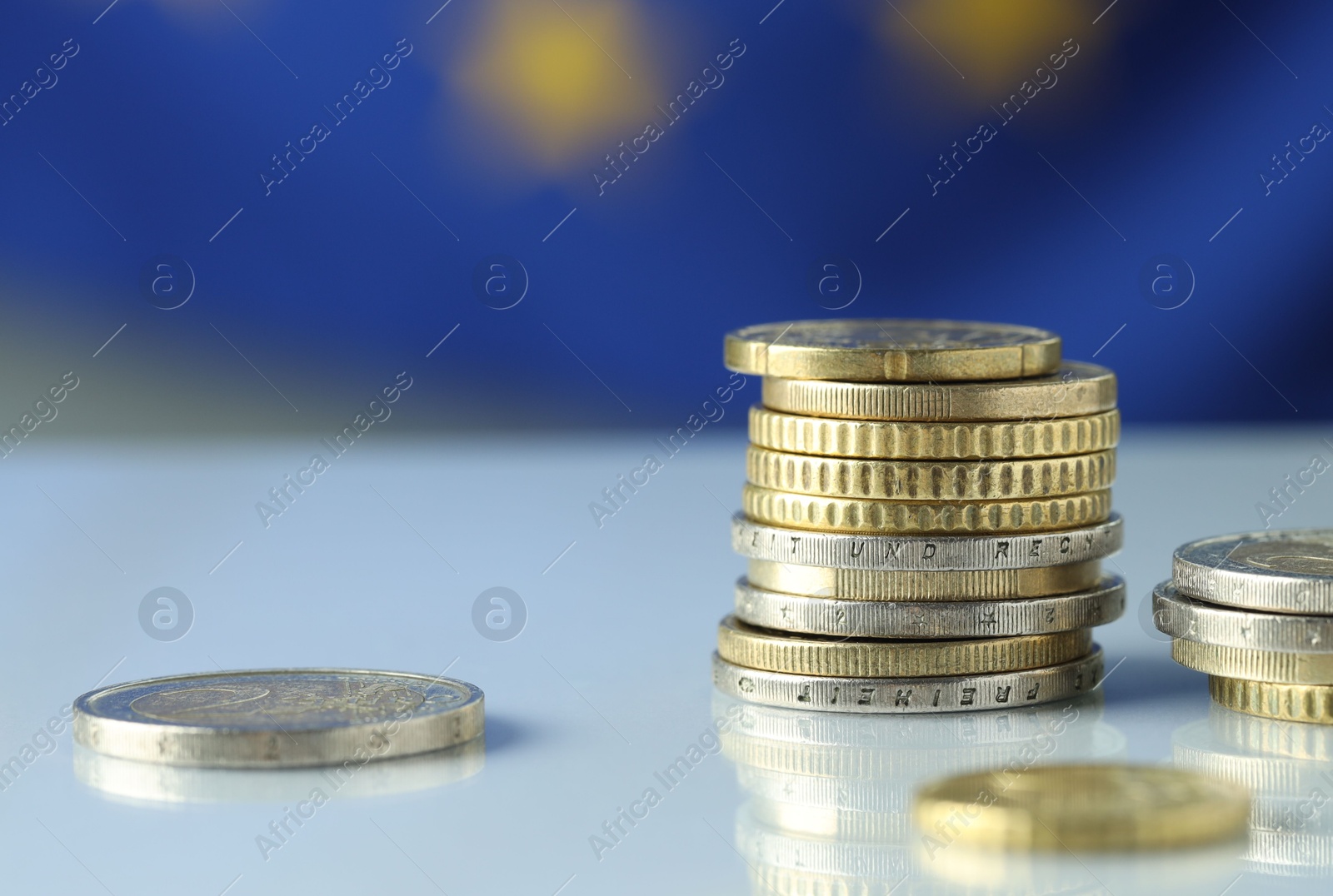 Photo of Many different euro coins on table, closeup