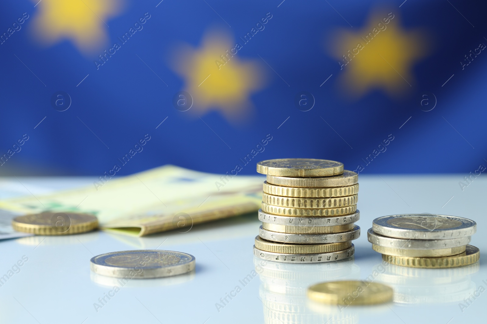 Photo of Many different euro coins on table, closeup