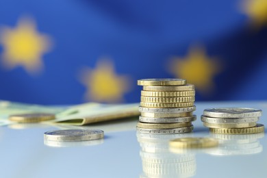 Photo of Many different euro coins on table, closeup