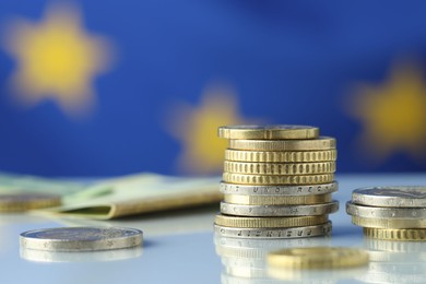 Photo of Many different euro coins on table, closeup