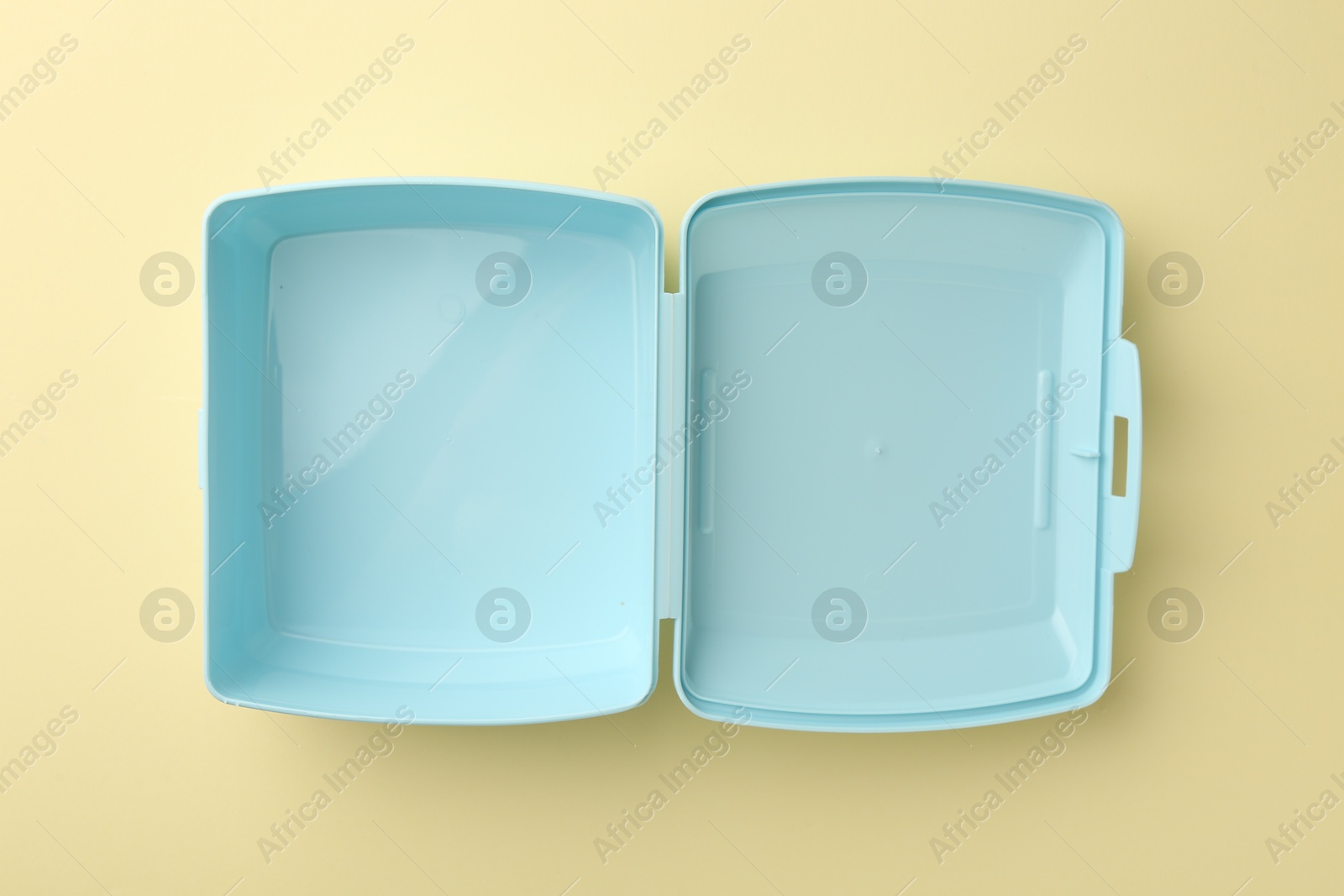 Photo of One empty lunch box on beige background, top view