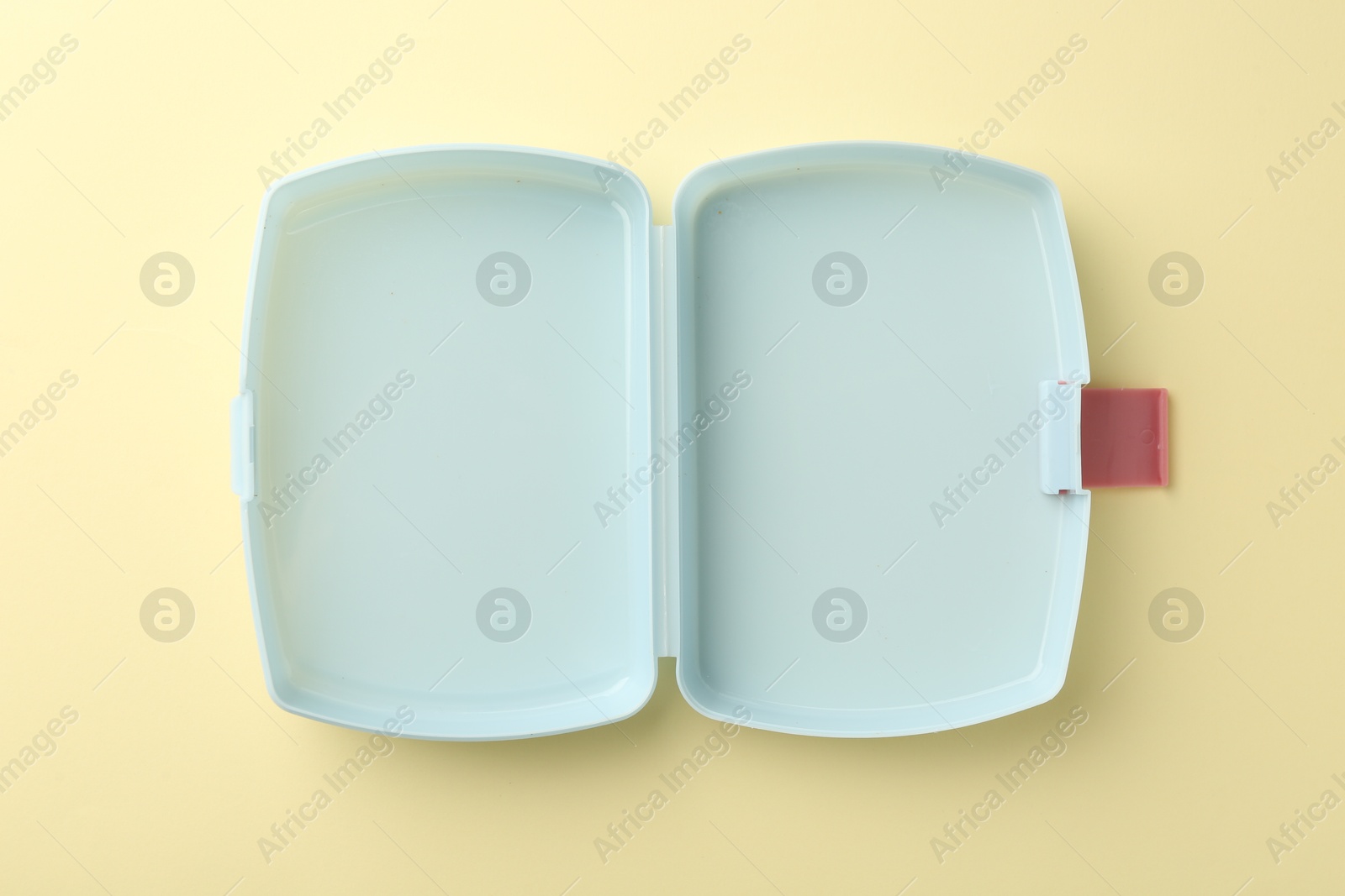 Photo of One empty lunch box on beige background, top view