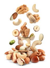 Image of Mix of nuts falling on white background