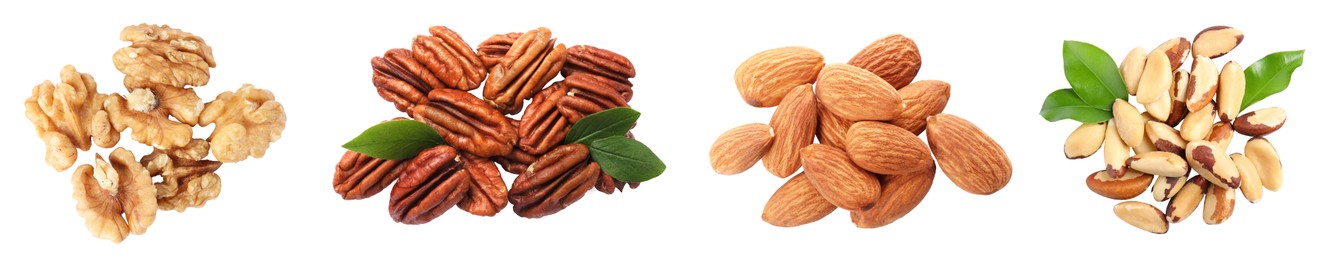 Image of Different nuts on white background, collection. Pecan, walnut, almond and brazil nut