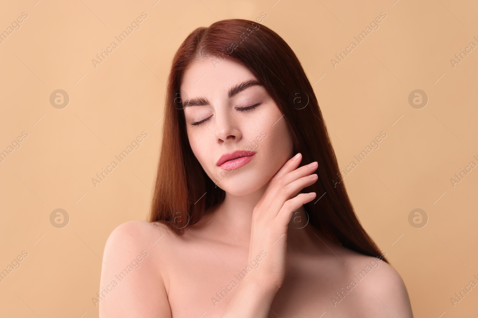 Image of Gorgeous woman with perfect skin on beige background