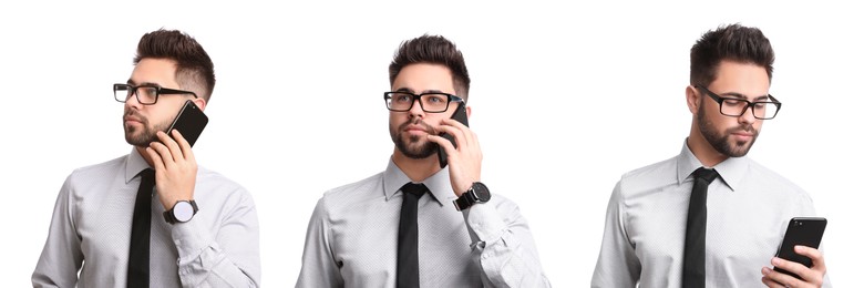 Image of Young man using smartphone on white background, set of photos