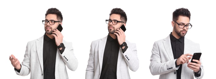 Young man using smartphone on white background, set of photos