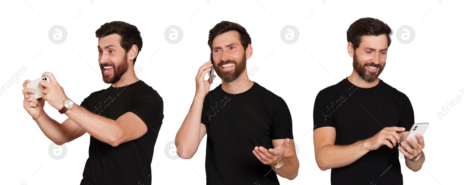 Image of Man using smartphone on white background, set of photos