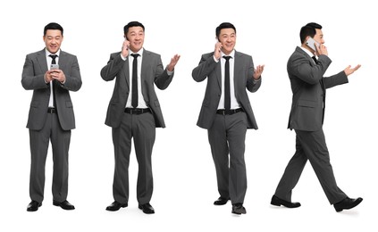 Image of Man using smartphone on white background, set of photos