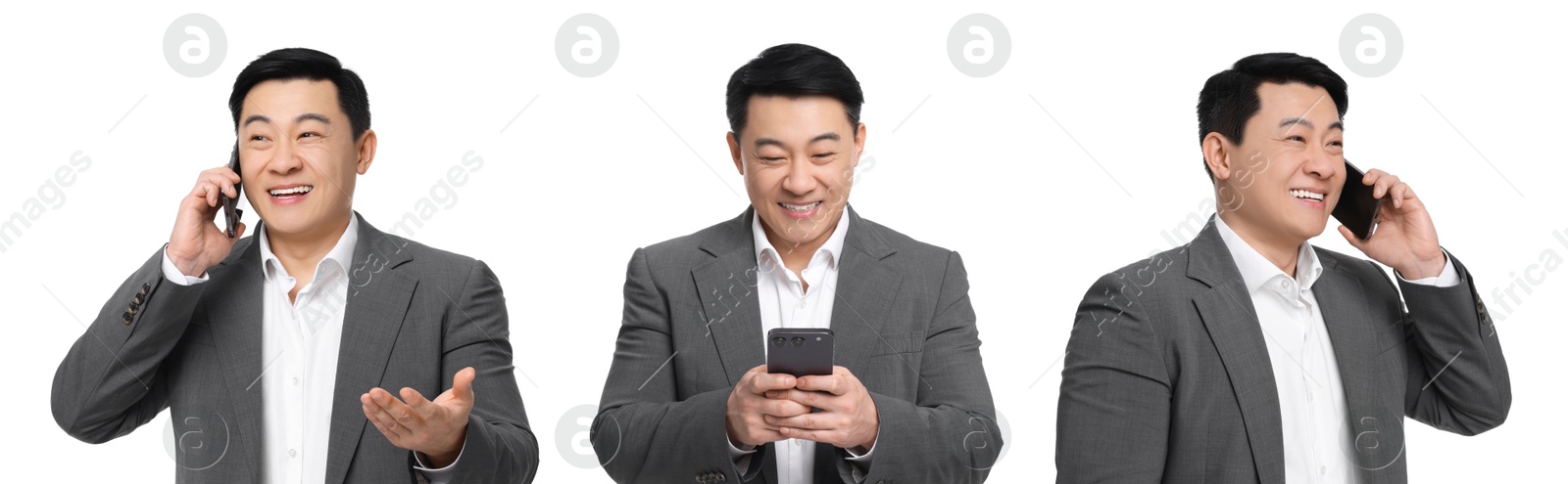 Image of Man using smartphone on white background, set of photos