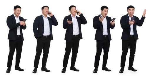 Image of Man using smartphone on white background, set of photos