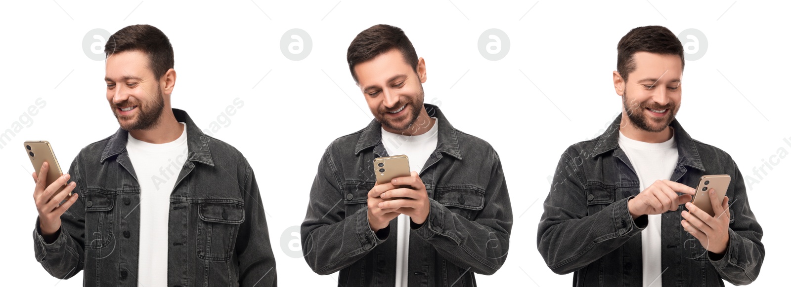 Image of Man using smartphone on white background, set of photos