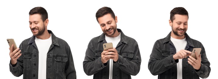 Image of Man using smartphone on white background, set of photos