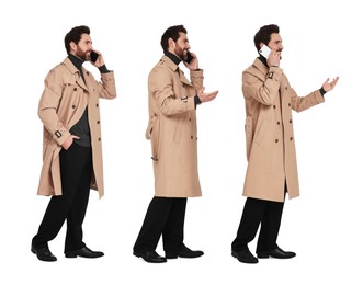 Image of Bearded man talking on mobile phone on white background, set of photos