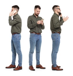 Young man using smartphone on white background, set of photos