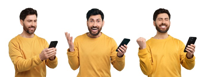 Image of Man using smartphone on white background, set of photos