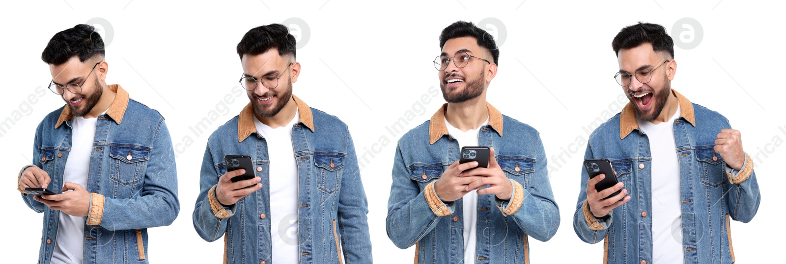 Image of Young man using smartphone on white background, set of photos